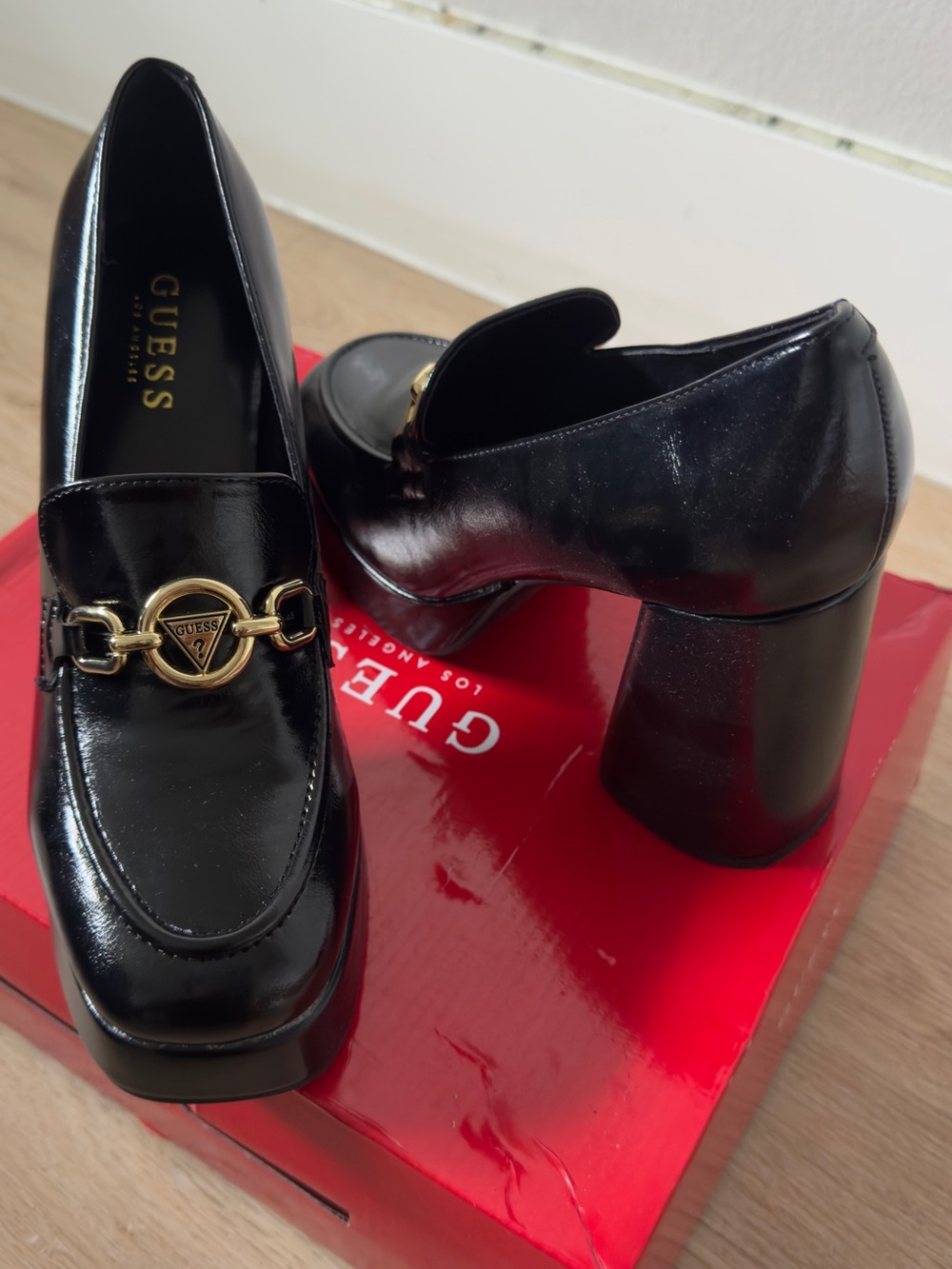 GUESS Black Patent Leather Gold-Trim Block Heel Loafers